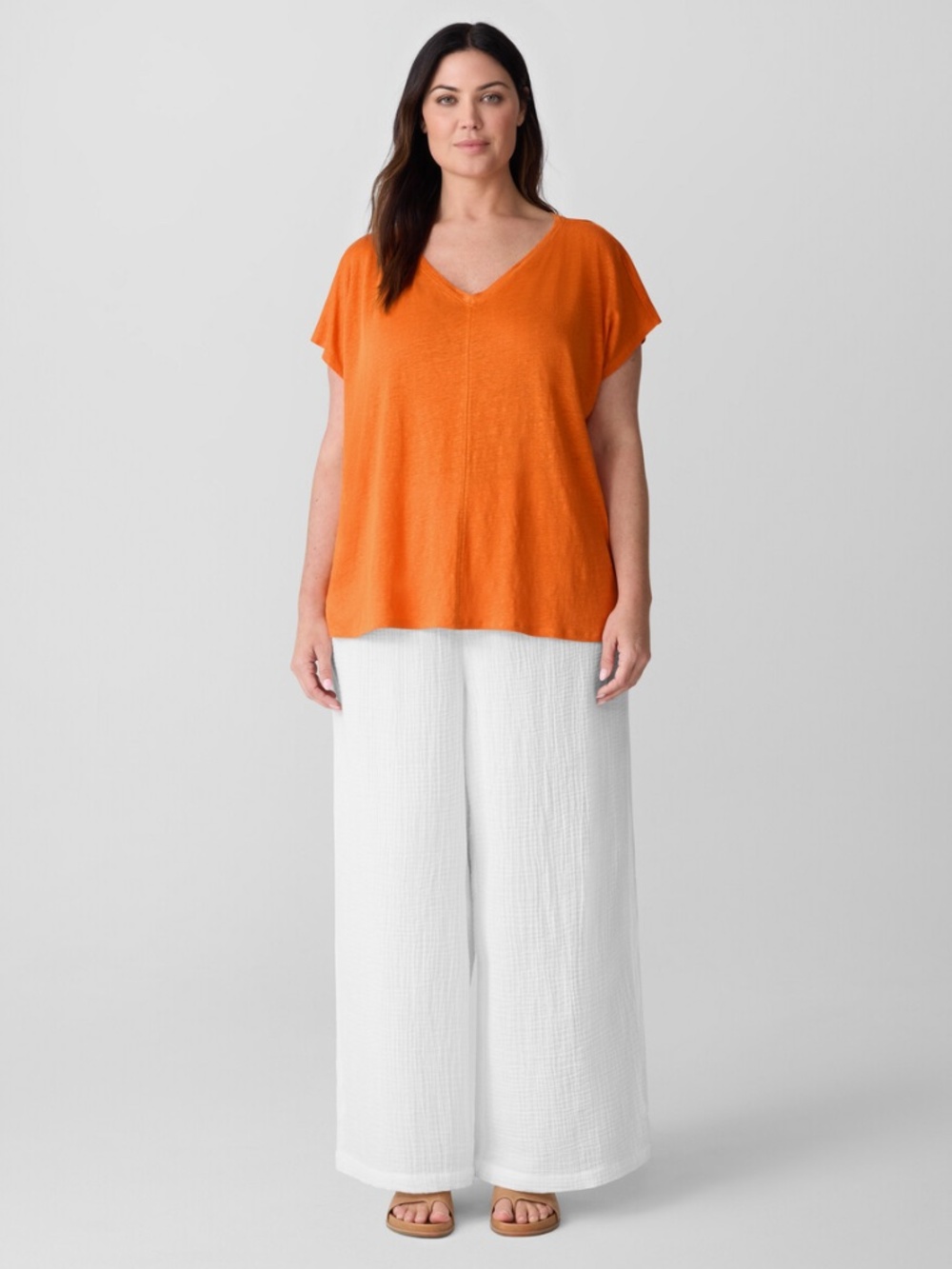 Eileen Fisher 100% Linen V Neck Tee in Clementine orange Size Large